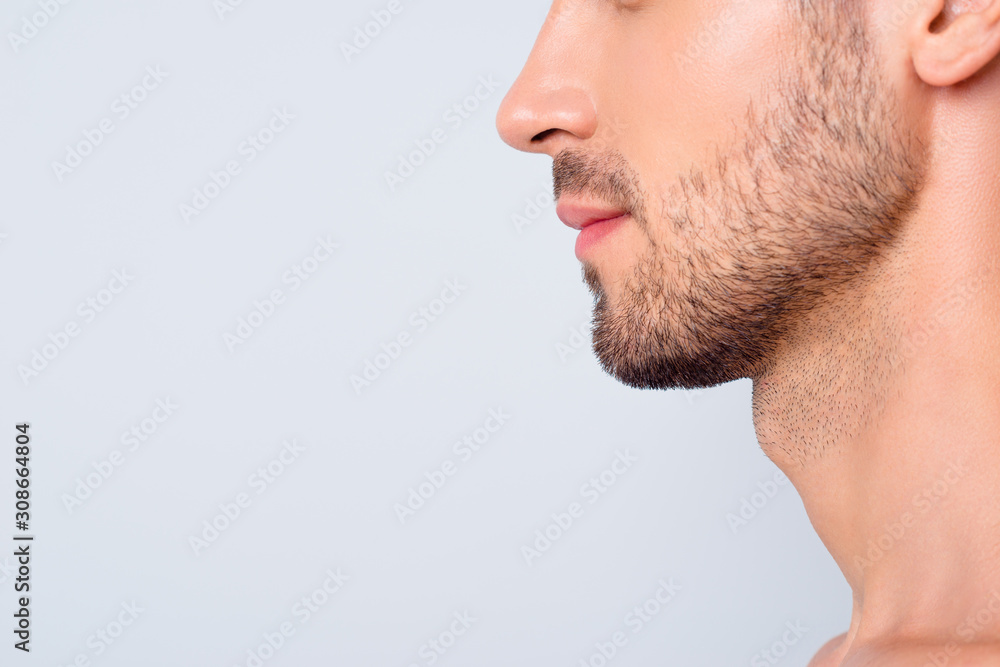 Close-up cropped profile side view portrait of his he nice attractive content guy unshaven mustache chin copy space facial cream isolated on light white grey color pastel background Close-up cropped profile side view portrait of his he nice attractive content guy unshaven mustache chin copy space facial cream isolated on light white grey color pastel background