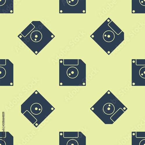 Blue Floppy disk for computer data storage icon isolated seamless pattern on yellow background. Diskette sign. Vector Illustration