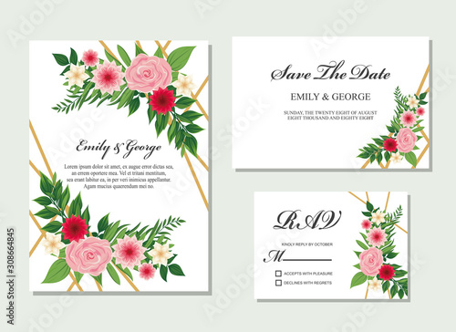 Elegant Wedding invitation, invite, rsvp, save the date card design with flower, wax flowers eucalyptus branches leaves, frame and template set vector. © Nohan