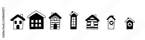 Decorative Vector Houses Doodle Icons Set. Hand Drawn Cute Christmas monochrome collection. Home sweet home concept. Scandinavian design. Illustration for Paper, Laser Plotter cutting, holiday card