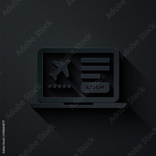 Paper cut Laptop with electronic boarding pass airline ticket icon isolated on black background. Passenger plane mobile ticket for web and app. Paper art style. Vector Illustration