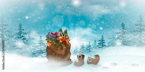 Santa Claus red sack with gift boxes isolated on snowy background. 