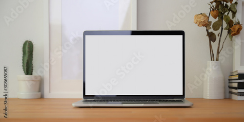 Wallpaper Mural Cropped shot of modern workplace with laptop computer, office supplies and decorations Torontodigital.ca