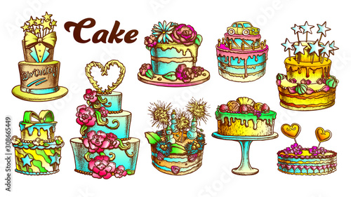 Cake Pie Delicious Collection Retro Set Vector. Birthday Anniversary, Valentine And Wedding Day Cake Engraving Concept Template Hand Drawn In Vintage Style Color Illustrations