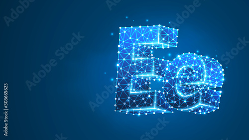 Alphabet letter E. Design of an Uppercase and lowercase letters. Banner, template or a pattern. Abstract digital wireframe, low poly mesh, vector blue neon 3d illustration. Triangle, line dot