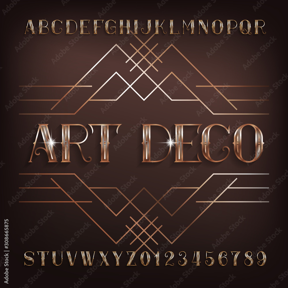 Art Deco alphabet font. Golden letters and numbers with shadow. Stock