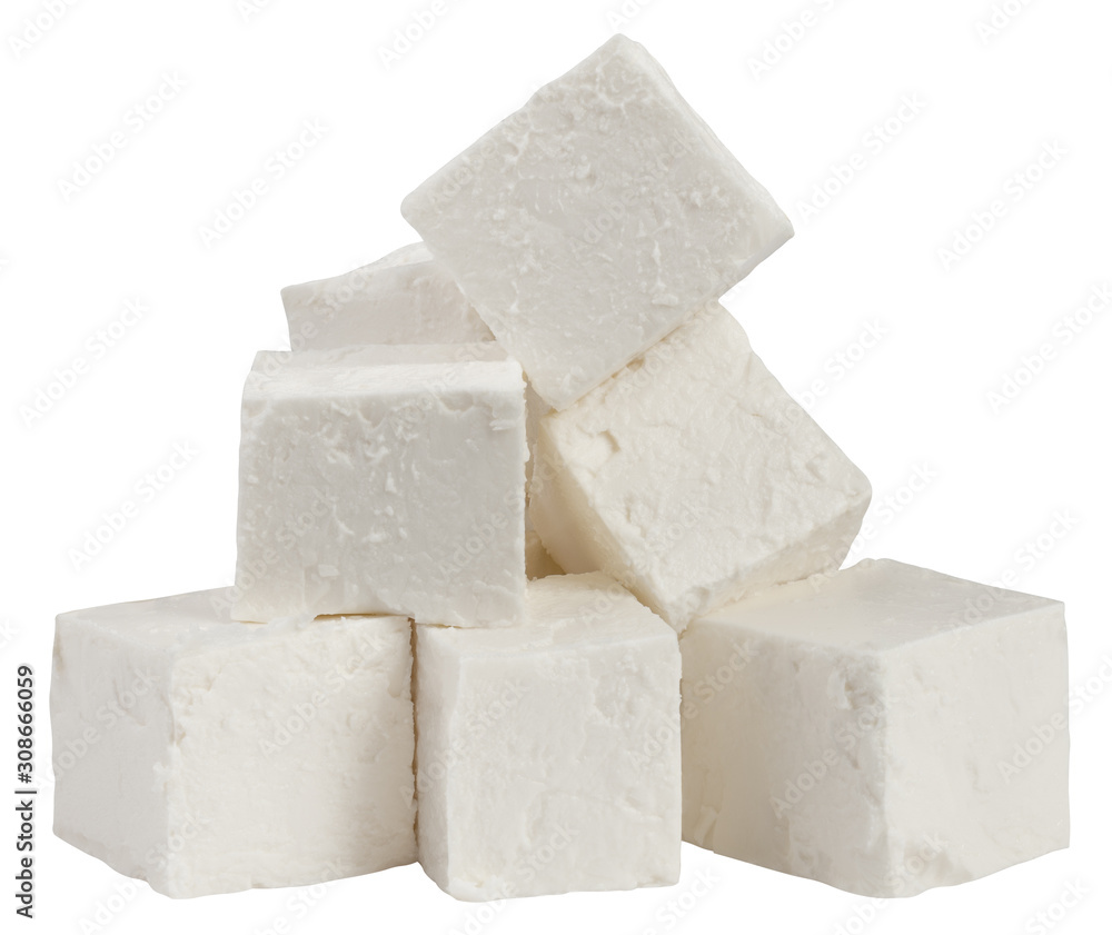 Feta, Greek cheese cubes, isolated on white background, clipping path, full depth of field Feta, Greek cheese cubes, isolated on white background, clipping path, full depth of field