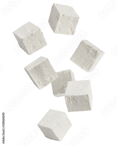 Falling Feta, Greek cheese cubes, isolated on white background, clipping path, full depth of field photo