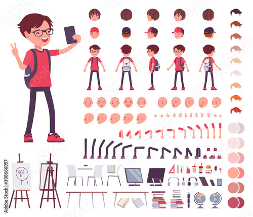 School boy in a casual wear construction set. Cute small guy, active young kid, smart elementary pupil, 7, 9 year old creation elements to build own design. Cartoon flat style infographic illustration
