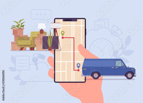 Order tracking system on smartphone screen. Van journey shipping tracker to a customer or warehouse, goods pick up, delivery and fulfillment process app service. Vector flat style cartoon illustration