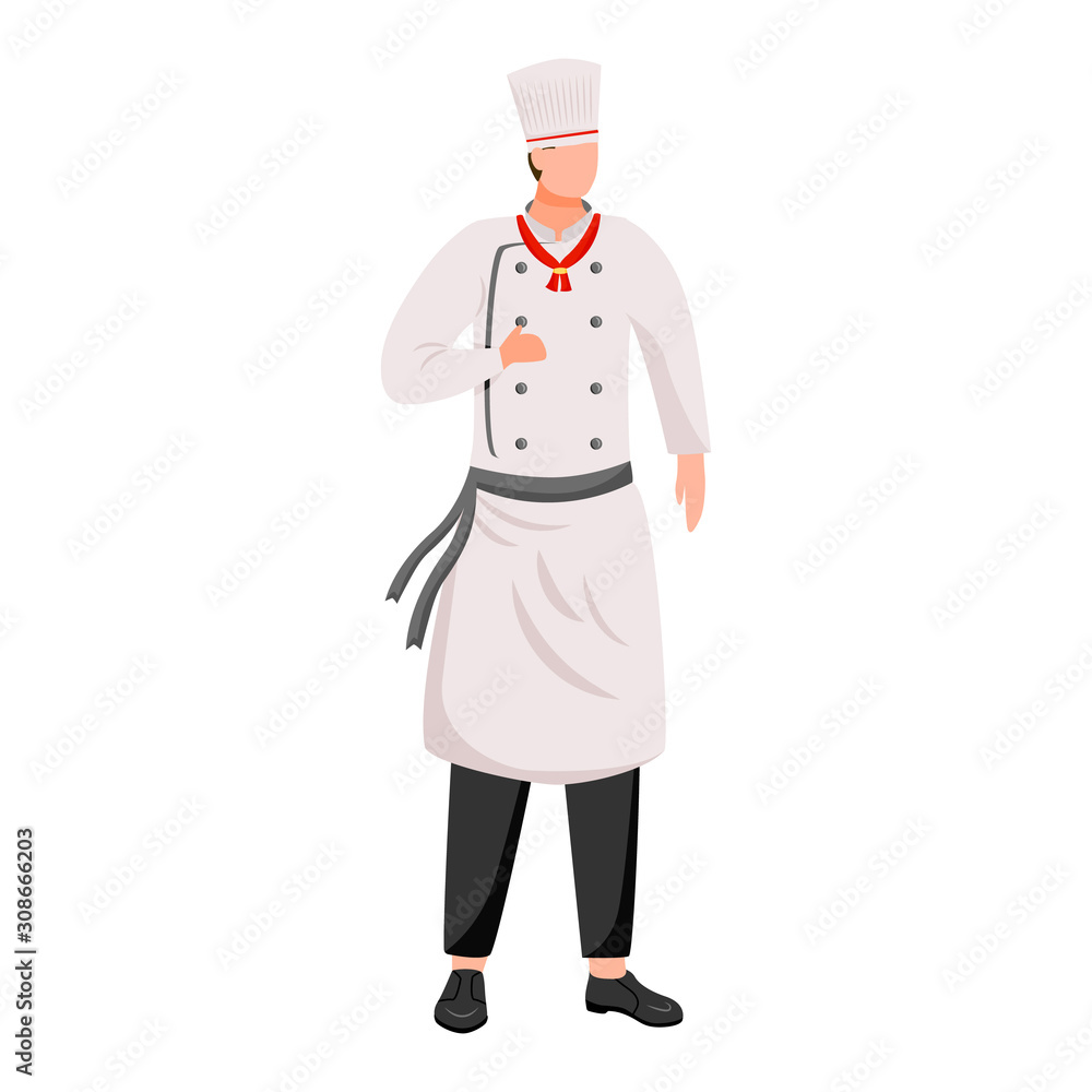 Ship chef flat vector illustration. Cruise service. Cooking. Shipboard staff in chef's tunic and cap isolated cartoon character on white background Ship chef flat vector illustration. Cruise service. Cooking. Shipboard staff in chef's tunic and cap isolated cartoon character on white background