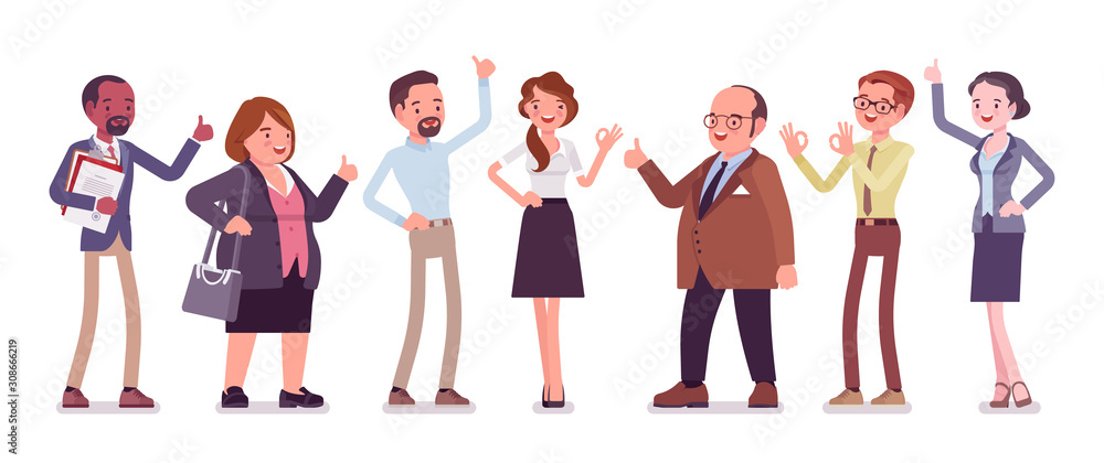 Obraz premium Recommendation and approval by different business workers. Group of diverse people showing agreement, feeling, having a positive opinion, recommend best choice. Vector flat style cartoon illustration