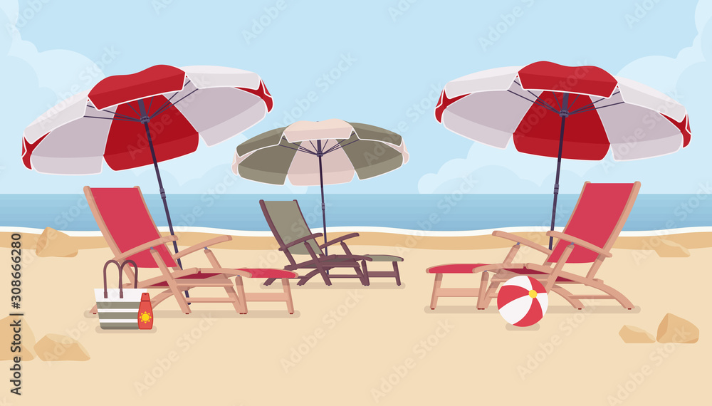 Sea vacation beach chairs. Place for reflection, relaxation and renewal to experience journey therapy, family friendly resort welcoming and waiting for tourist. Vector flat style cartoon illustration