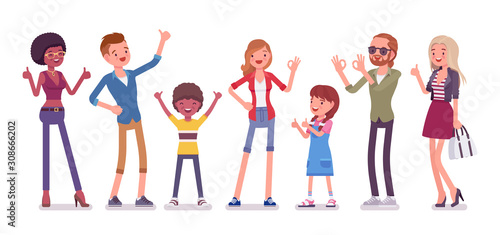 Recommendation and approval. Group of diverse people showing gesture of agreement, good or acceptable, feeling, having a positive opinion, recommend best choice. Vector flat style cartoon illustration