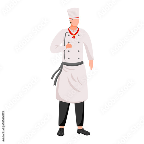 Ship chef flat vector illustration. Cruise service. Cooking. Shipboard staff in chef's tunic and cap isolated cartoon character on white background