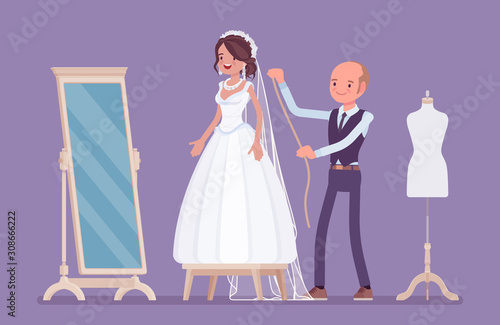 Wedding dress fitting and alterations with a tailor. Happy bride selecting a white dream gown at mirror, male seamstress pinning session for taking measurements. Vector flat style cartoon illustration