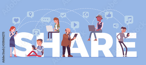Apps to share data files and games with friends. Giant letters, group of diverse people with smartphone, laptop, computer, tablet use application to communicate. Vector flat style cartoon illustration