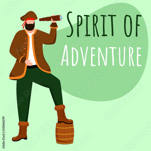 Spirit of adventure social media post mockup. Pirate with spyglass. Advertising web banner design template. Social media booster, content layout. Promotion poster, print ads with flat illustrations