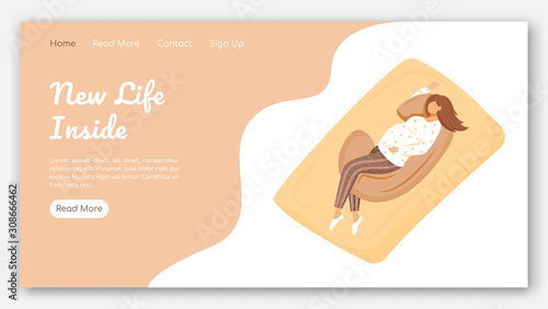 New life inside landing page vector template. Maternity products website interface idea with flat illustrations. Healthy sleep homepage layout. Pregnancy pillow web banner, webpage cartoon concept