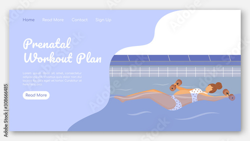 Prenatal workout plan landing page vector template. Aqua fitness class for pregnant website interface idea with flat illustrations. Happy pregnancy homepage layout. Web banner, webpage cartoon concept