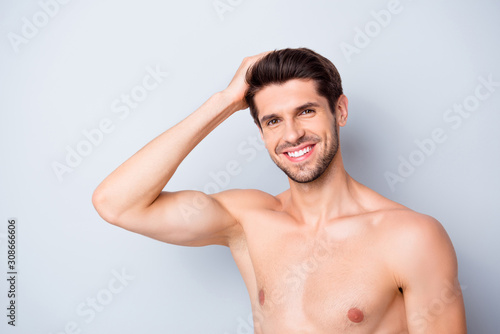 Close up photo of joyful muscular guy look mirror visit hairstylist spa salon procedure touch hairdo like anti dander shampoo isolated over grey color background