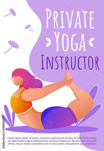 Private yoga instructor brochure template. Fitness class. Yoga pose. Bodypositive flyer, booklet, leaflet concept with flat illustrations. Vector page cartoon layout for magazine with text space