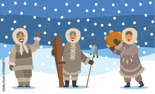 Winter landscape with snowfall and set of eskimos. Man and woman representatives of inuits. Arctic people waving hand, holding ski equipment and hunted fish on stick. Female singing songs vector