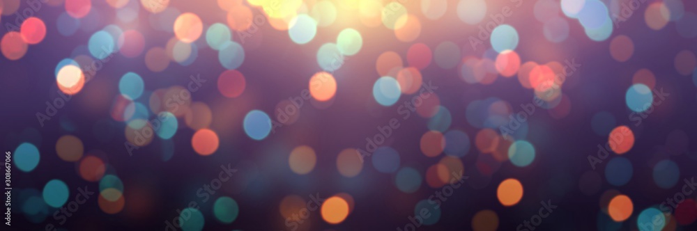 Confetti colorful on dark purple banner. Empty background. Sparkles fly. Defocused texture. Abstract template. Blurred pattern. Night party bokeh. - obrazy, fototapety, plakaty 
