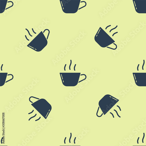 Blue Coffee cup icon isolated seamless pattern on yellow background. Tea cup. Hot drink coffee. Vector Illustration