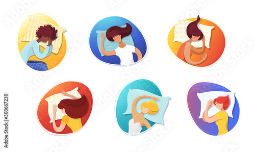 Sleeping women flat illustrations set