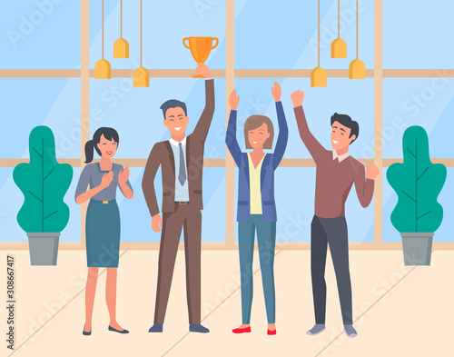 Office workers celebrating, teamwork, men and women holding gold trophy cup vector. Business achievement, profit and financial success, colleagues team