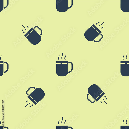 Blue Coffee cup icon isolated seamless pattern on yellow background. Tea cup. Hot drink coffee. Vector Illustration
