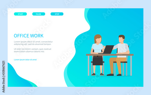 Office work web design, man and woman sitting together at desktop using laptop. Teamwork of employees, job with pc, workplace and workers vector. Website or webpage template, landing page flat style © robu_s