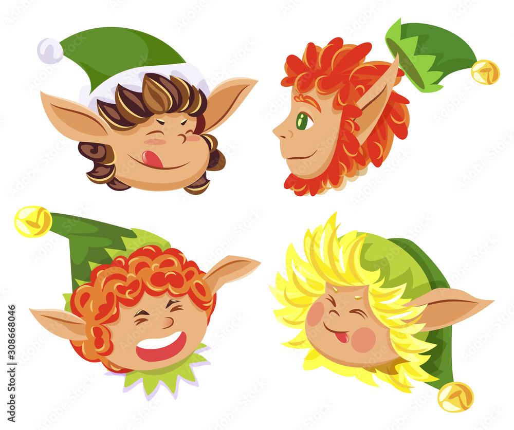 Christmas card with happy elves heads wearing hat in green color. Smiling fairy character with beard and wavy hair isolated on white. Xmas collection of funny winter hero in festive cap vector Christmas card with happy elves heads wearing hat in green color. Smiling fairy character with beard and wavy hair isolated on white. Xmas collection of funny winter hero in festive cap vector