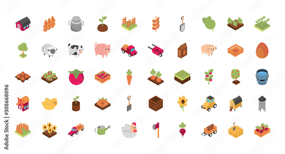 farm harvest agriculture rural isometric icons collection