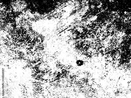 Overlay aged grainy messy template. Grunge black and white. Abstract monochrome background. Splashes of dirt on the surface. Vector pattern of dust, dirt, wear and tear