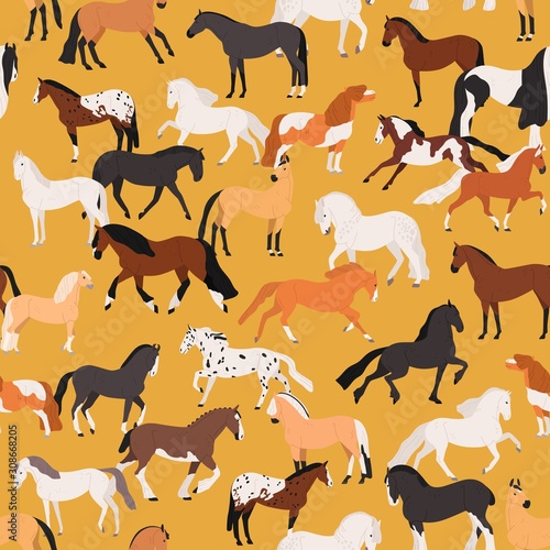 Horses seamless pattern flat vector illustration. Mare and stallion of different breeds on yellow background. Farm animal backdrop. Equine texture. Wallpaper, wrapping paper design.