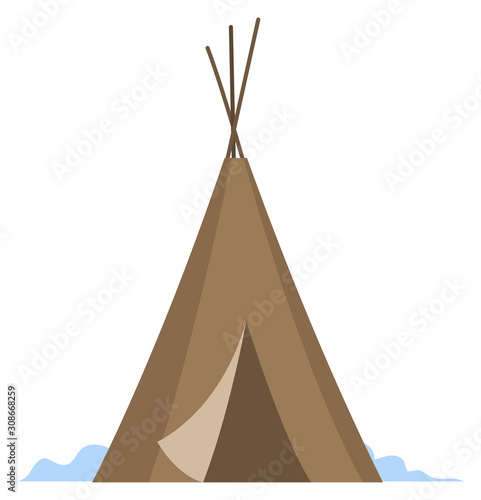 Housing for indigenous north families. Chum from reindeer skin single located on snowy ground. Hut for people isolated on white background. Temporary dwelling. Vector illustration in flat style