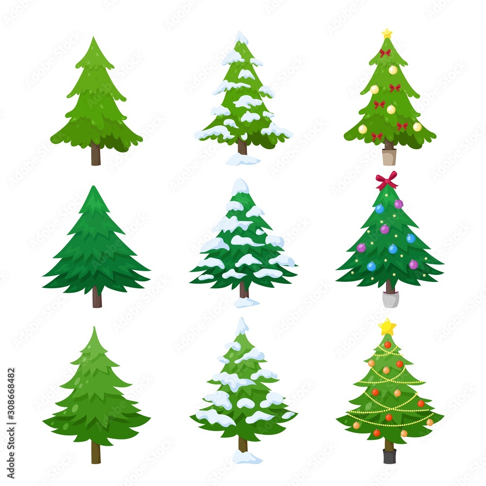 Green fir tree, decorated and covered with snow. Christmas trees set. Isolated spruce on white background. Vector illustration, greeting card, poster, icon in cartoon style