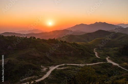 The sun rises and the sun sets at Pilok sub-district, Kanchanaburi province, ...