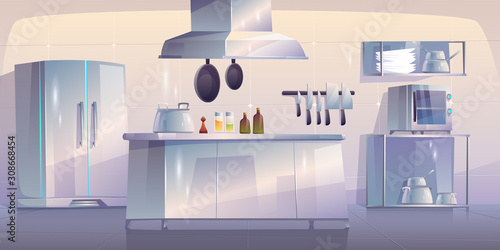 Kitchen in restaurant, empty interior with appliances for cooking and furniture table, oven, range hood, refrigerator and metal utensil. Canteen with technique, equipment. Cartoon vector illustration