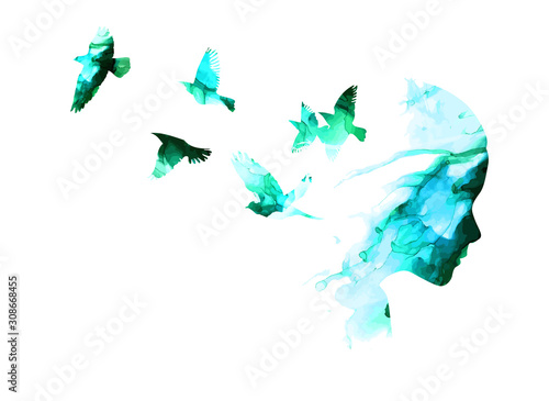 Watercolor silhouette girl portrait with flying birds. Mixed media. Vector illustration