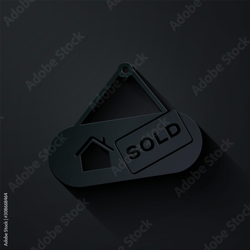 Paper cut Hanging sign with text Sold icon isolated on black background. Sold sticker. Sold signboard. Paper art style. Vector Illustration