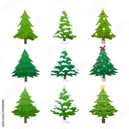 Green fir tree, decorated and covered with snow. Christmas trees set. Isolated spruce on white background. Vector illustration, greeting card, poster, icon in cartoon style © marimariko