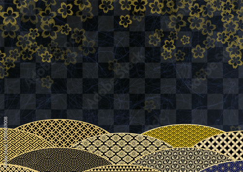 桜模様の和紙テクスチャ背景素材-黒色