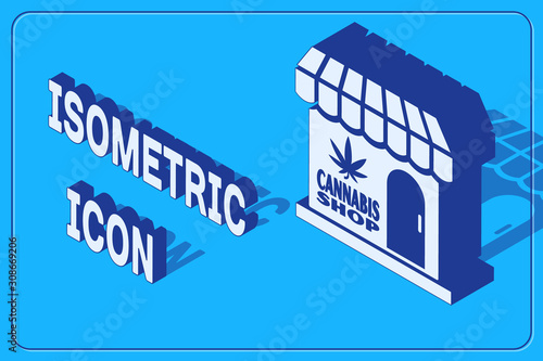 Isometric Marijuana and cannabis store icon isolated on blue background. Equipment and accessories for smoking, storing medical cannabis. Vector Illustration