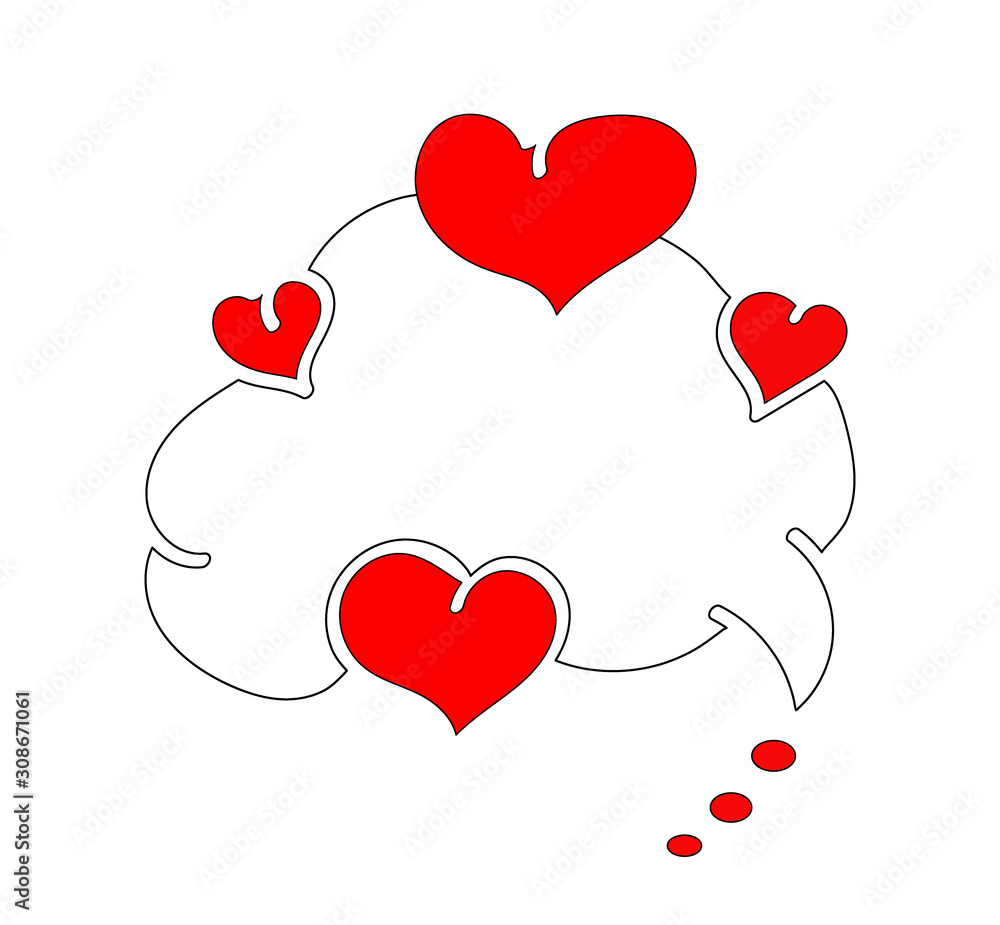Speech bubble with copy space for text and red hearts. Flat vector love and romance tattoo. Valentine's day symbols with abstract cloud for congratulations, thoughts, ideas. Pop art romantic print.