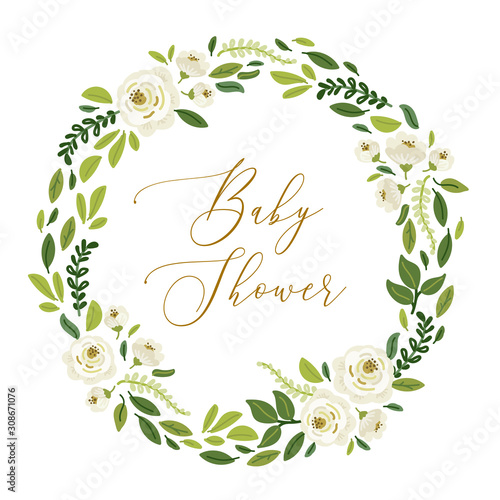 Cute botanical theme floral frame background with bouquets of hand drawn rustic white roses and green leaves branches