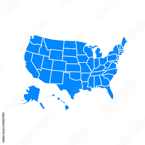 blue usa map with states in flat style