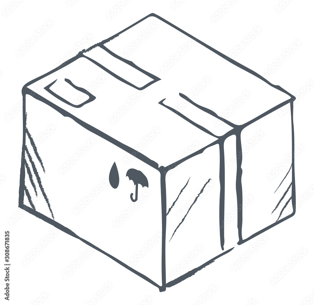 Box isolated icon sketch, package with tapes and special signs. Monochrome outline of pack for storing items. Delivery of production. Carton pack with umbrella and drop symbols, vector in flat style Box isolated icon sketch, package with tapes and special signs. Monochrome outline of pack for storing items. Delivery of production. Carton pack with umbrella and drop symbols, vector in flat style